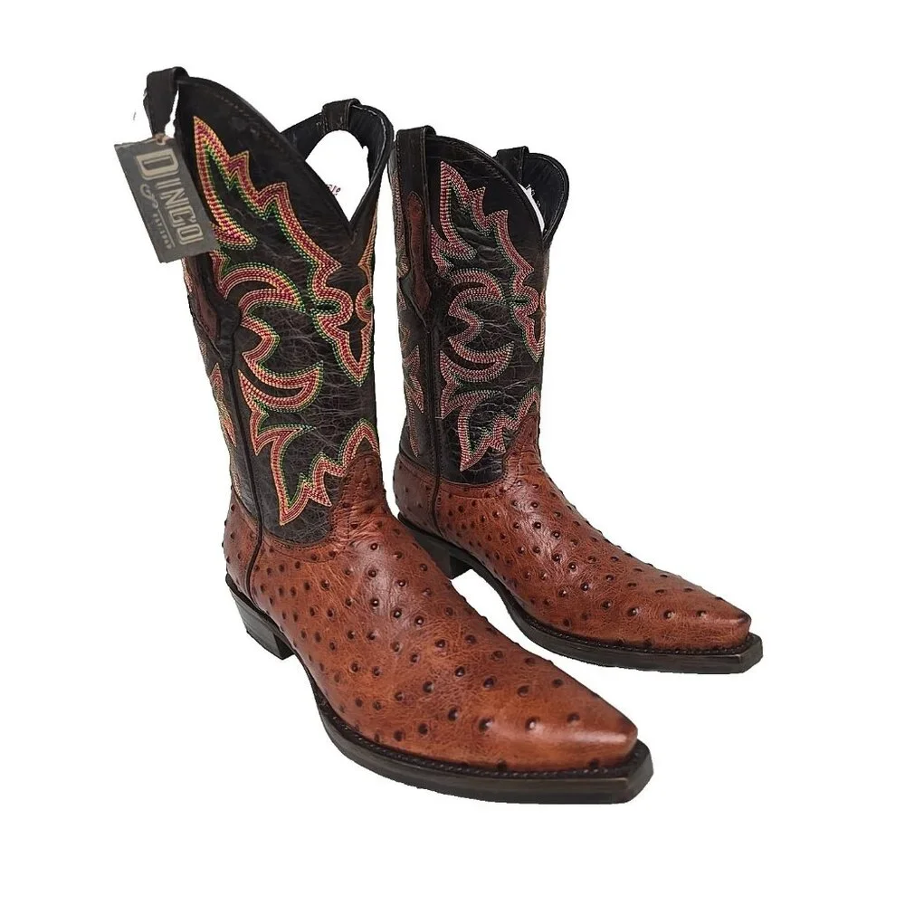 Dingo Men's DI 115 Outlaw Embroidered Ostrich Print Western Boot Cognac 9.5D - Picture 1 of 6